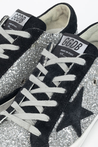 Golden Goose Superstar Silver Glitter & Black Suede Star Sneakers