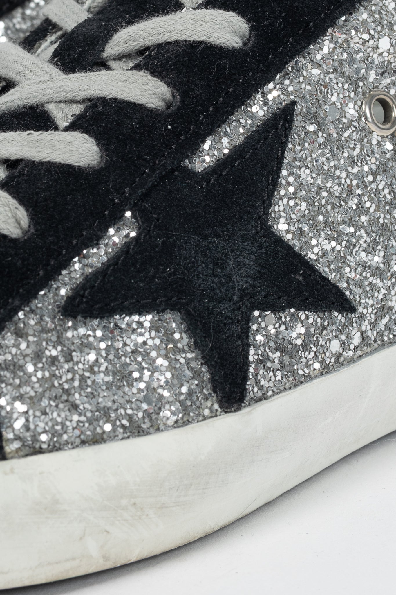 Golden Goose Superstar Silver Glitter & Black Suede Star Sneakers
