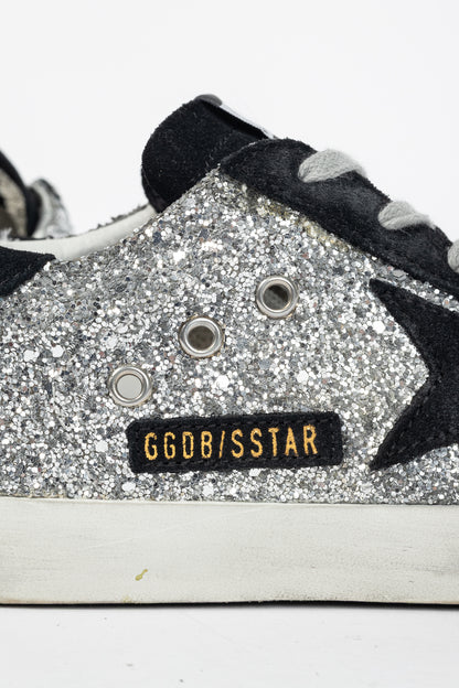 Golden Goose Superstar Silver Glitter & Black Suede Star Sneakers