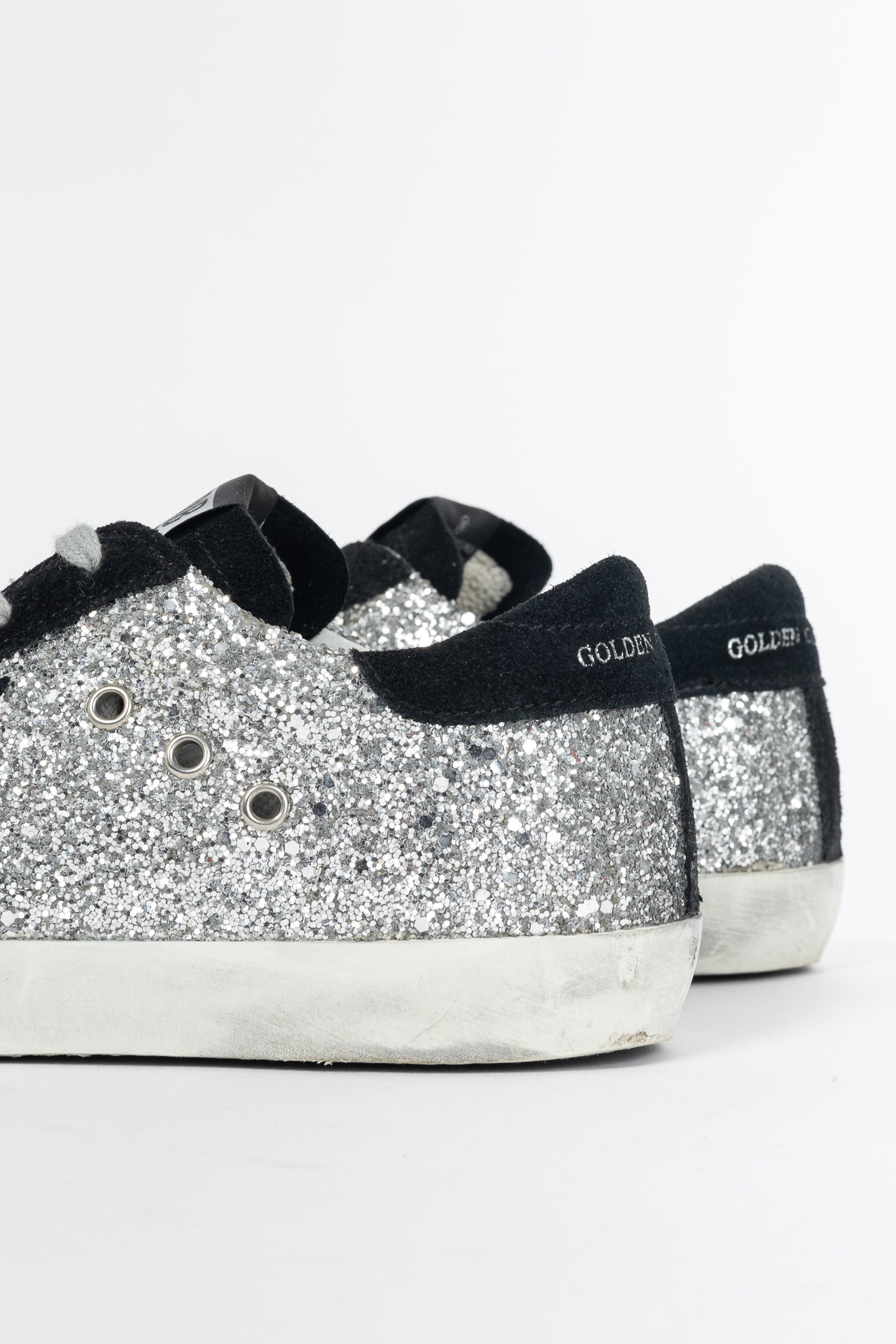 Golden Goose Superstar Silver Glitter & Black Suede Star Sneakers
