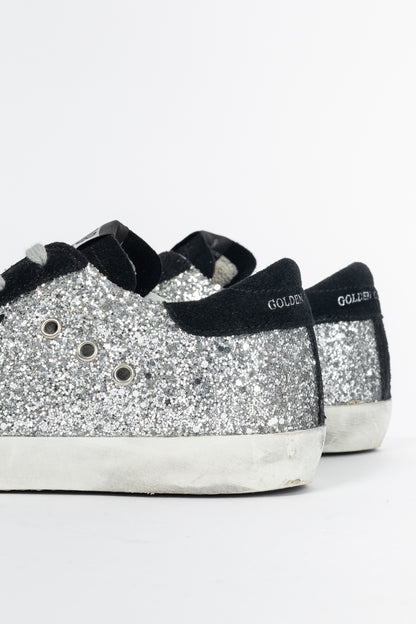 Golden Goose Superstar Silver Glitter & Black Suede Star Sneakers