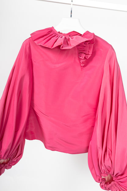 Greta Constantine Ofelia Pink Silk-Taffeta Ruffle Blouse