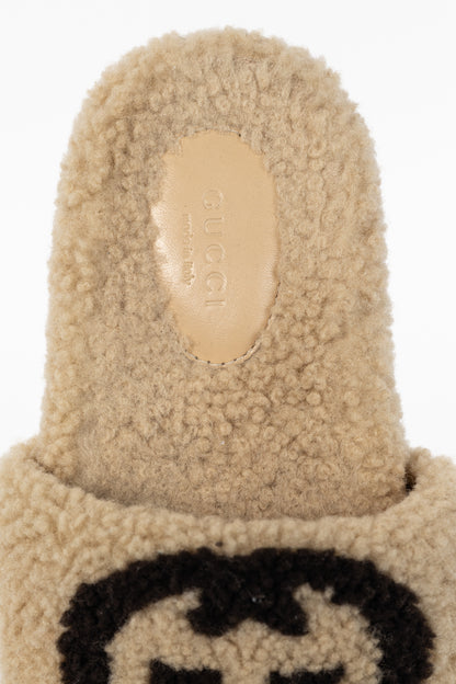 Gucci Beige Merino-Wool Faux-Shearling Interlocking-GG Slide Sandals