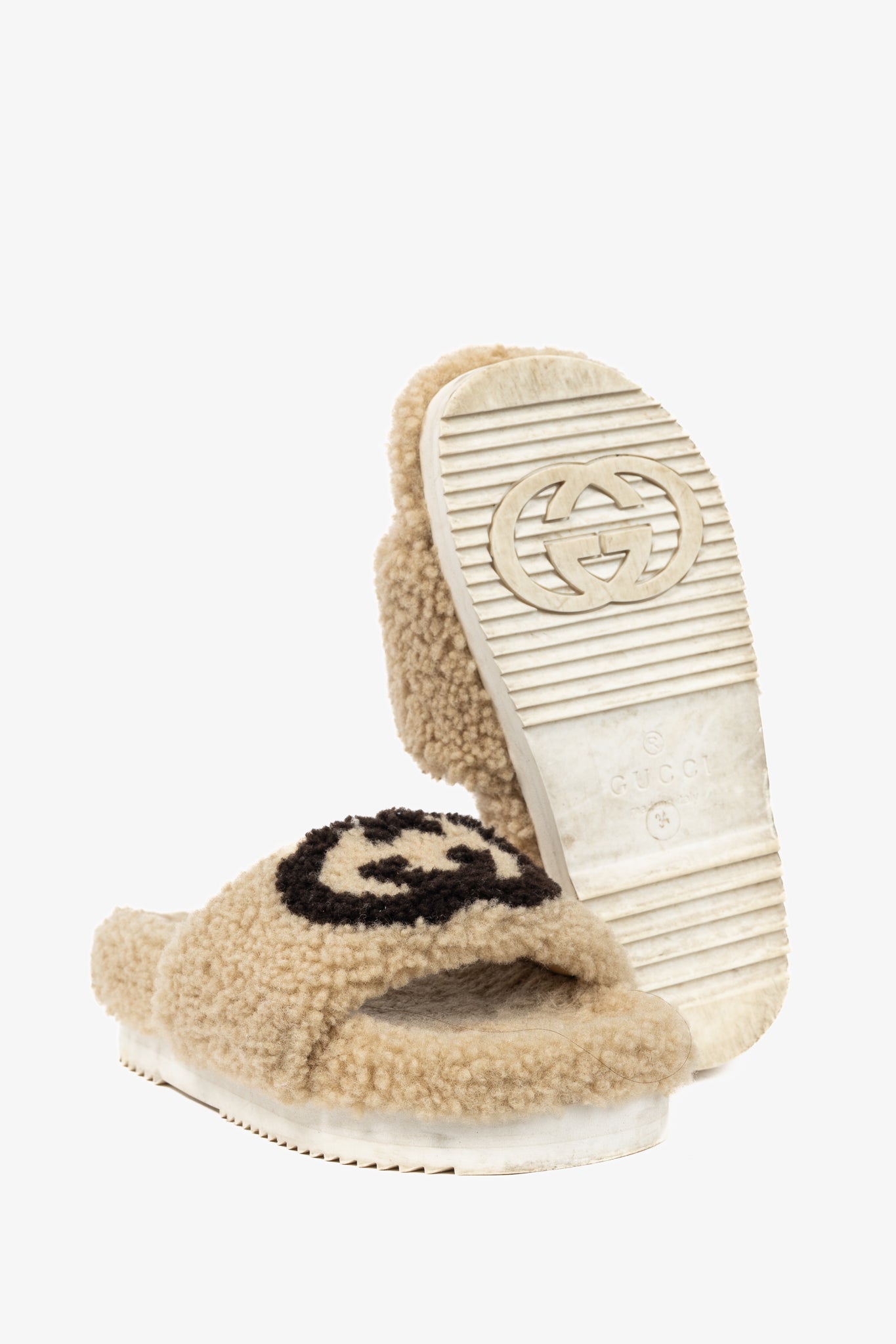 Gucci Beige Merino-Wool Faux-Shearling Interlocking-GG Slide Sandals