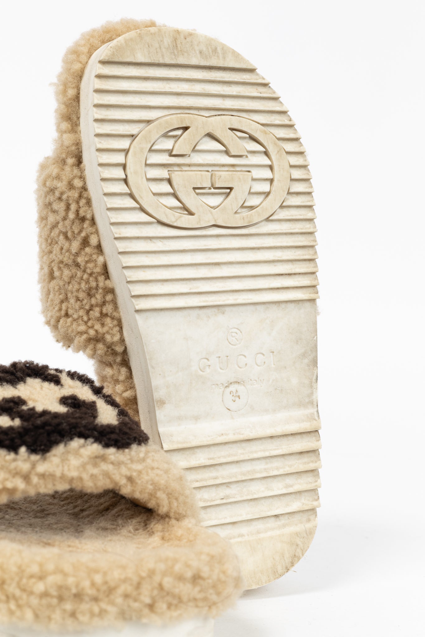 Gucci Beige Merino-Wool Faux-Shearling Interlocking-GG Slide Sandals