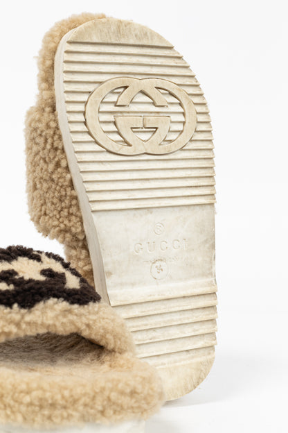 Gucci Beige Merino-Wool Faux-Shearling Interlocking-GG Slide Sandals