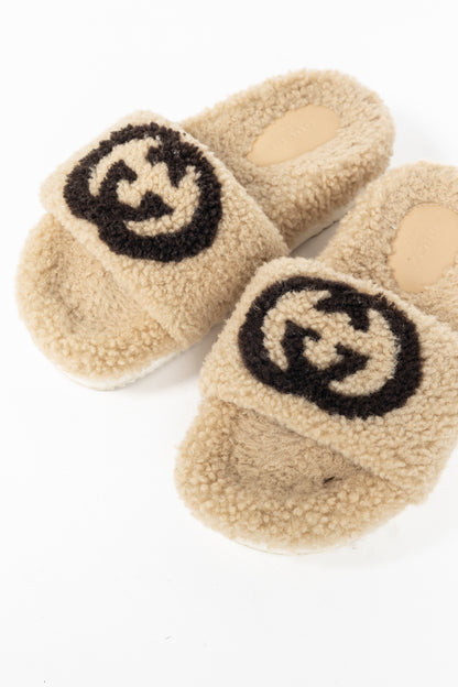 Gucci Beige Merino-Wool Faux-Shearling Interlocking-GG Slide Sandals