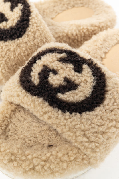 Gucci Beige Merino-Wool Faux-Shearling Interlocking-GG Slide Sandals