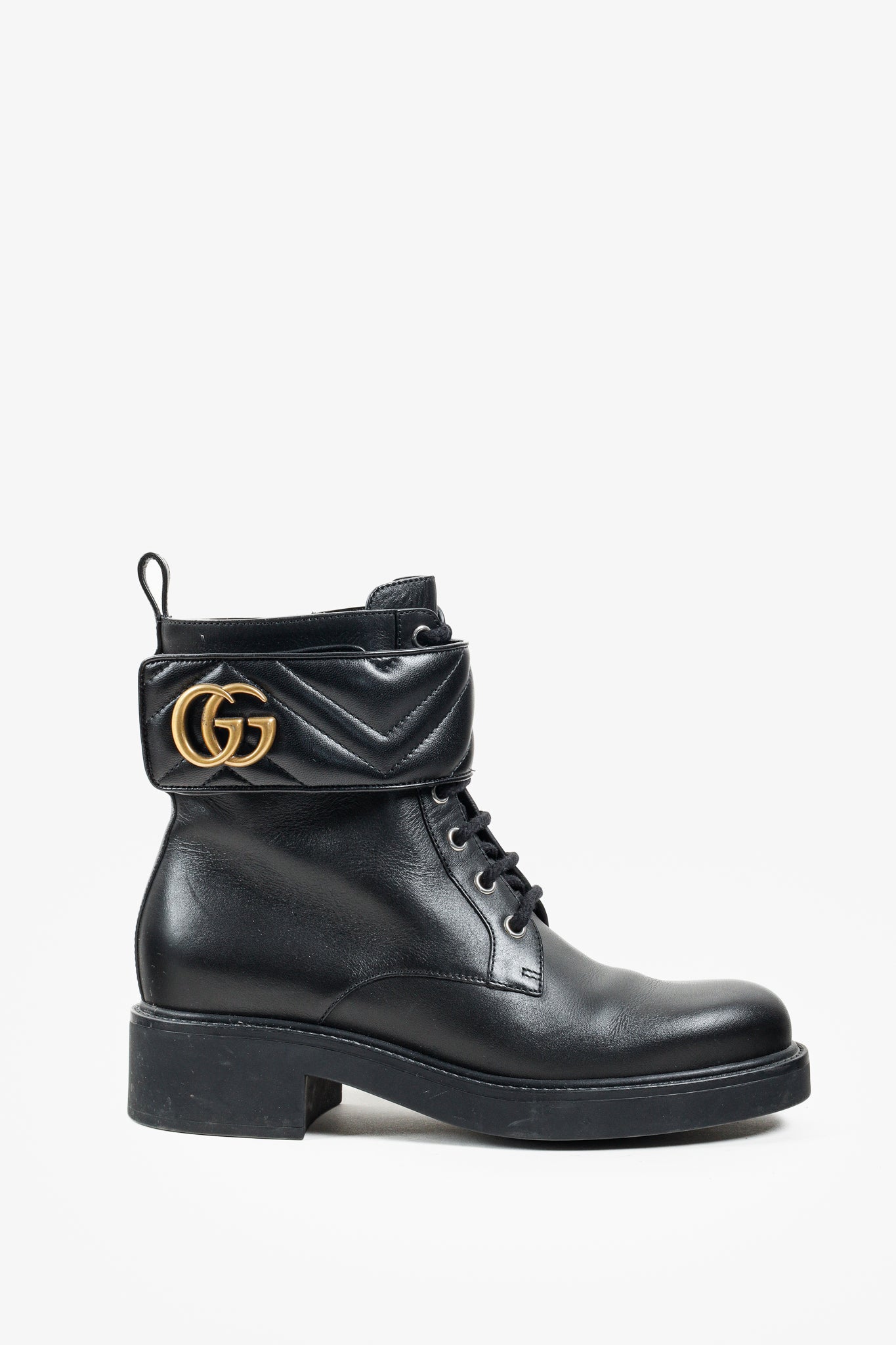 Gucci Flores Calfskin Nappa Matelasse GG Black Combat Boot