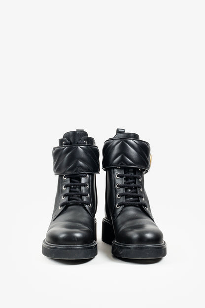 Gucci Flores Calfskin Nappa Matelasse GG Black Combat Boot