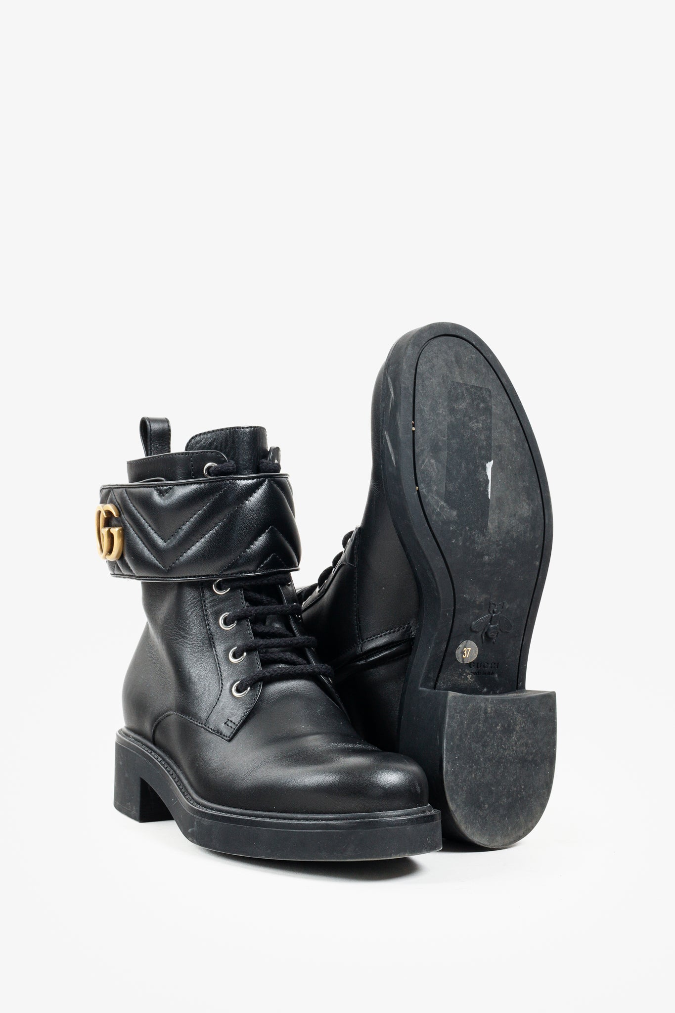 Gucci Flores Calfskin Nappa Matelasse GG Black Combat Boot