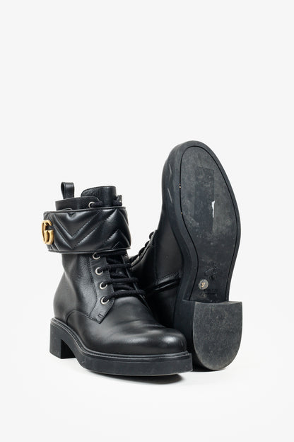 Gucci Flores Calfskin Nappa Matelasse GG Black Combat Boot