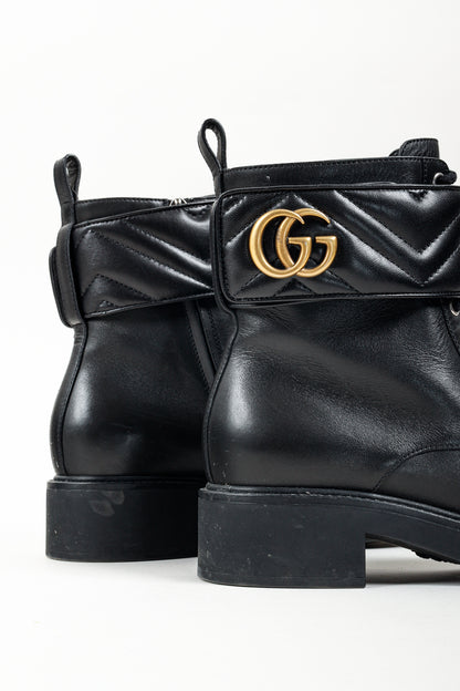 Gucci Flores Calfskin Nappa Matelasse GG Black Combat Boot