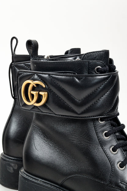 Gucci Flores Calfskin Nappa Matelasse GG Black Combat Boot