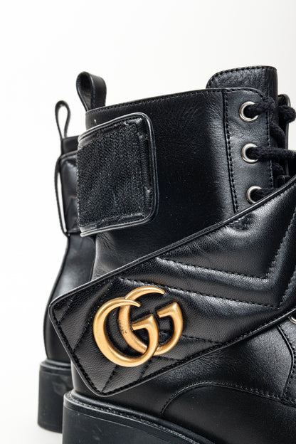 Gucci Flores Calfskin Nappa Matelasse GG Black Combat Boot