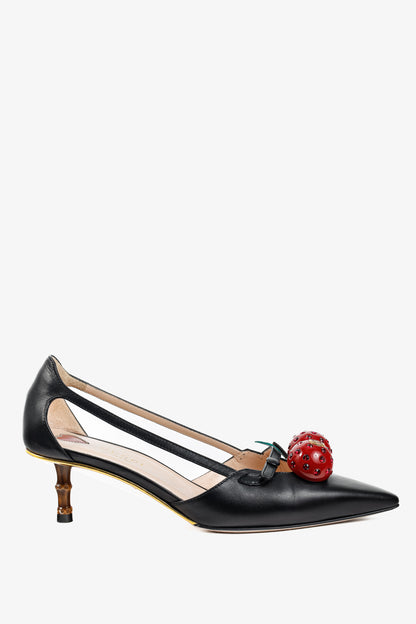 Gucci Unia Black Leather Cherry-Embellished Pointed-Toe Heels