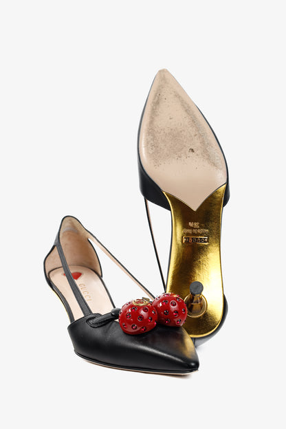 Gucci Unia Black Leather Cherry-Embellished Pointed-Toe Heels