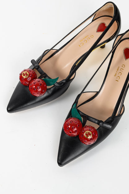 Gucci Unia Black Leather Cherry-Embellished Pointed-Toe Heels
