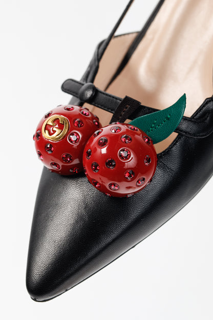 Gucci Unia Black Leather Cherry-Embellished Pointed-Toe Heels