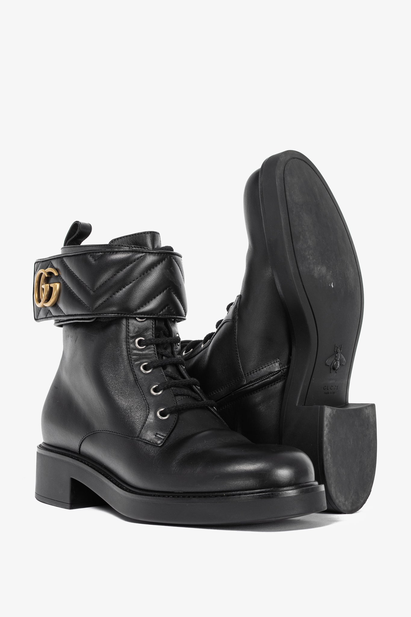 Gucci Black Leather Double G Combat Ankle Boots