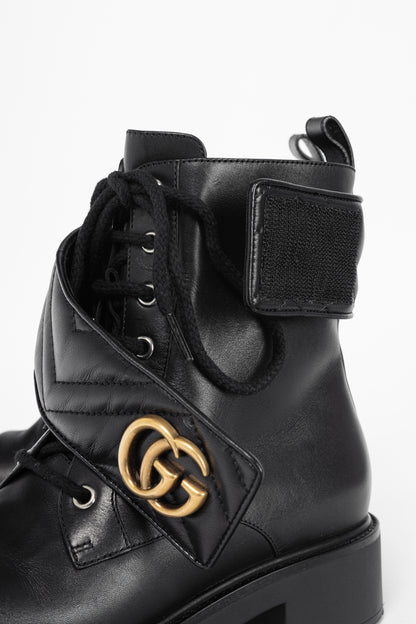 Gucci Black Leather Double G Combat Ankle Boots