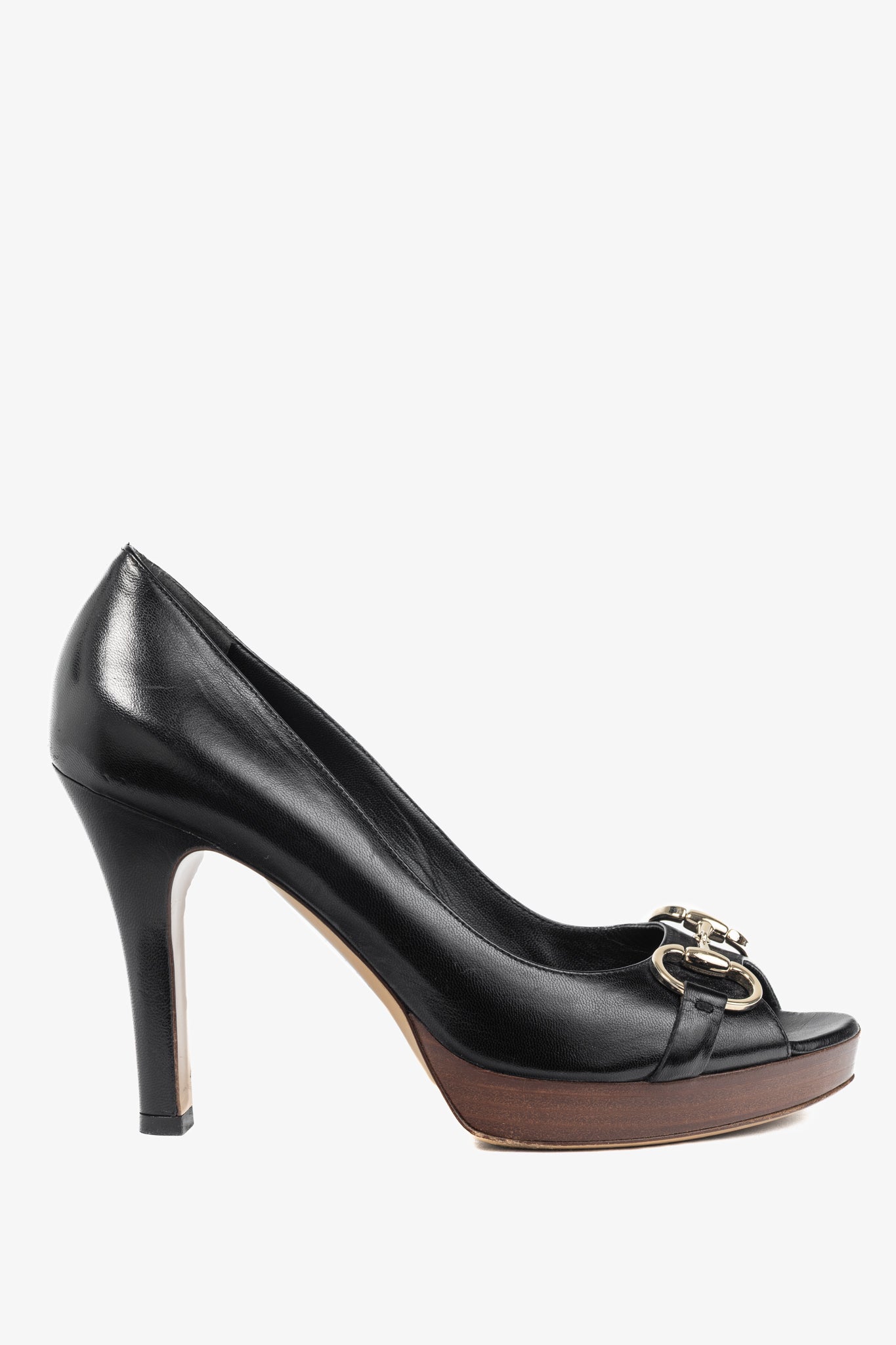 Gucci Black Leather Horsebit Peep-Toe Platform Pumps