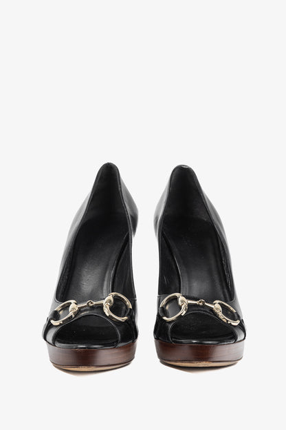 Gucci Black Leather Horsebit Peep-Toe Platform Pumps