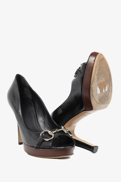 Gucci Black Leather Horsebit Peep-Toe Platform Pumps