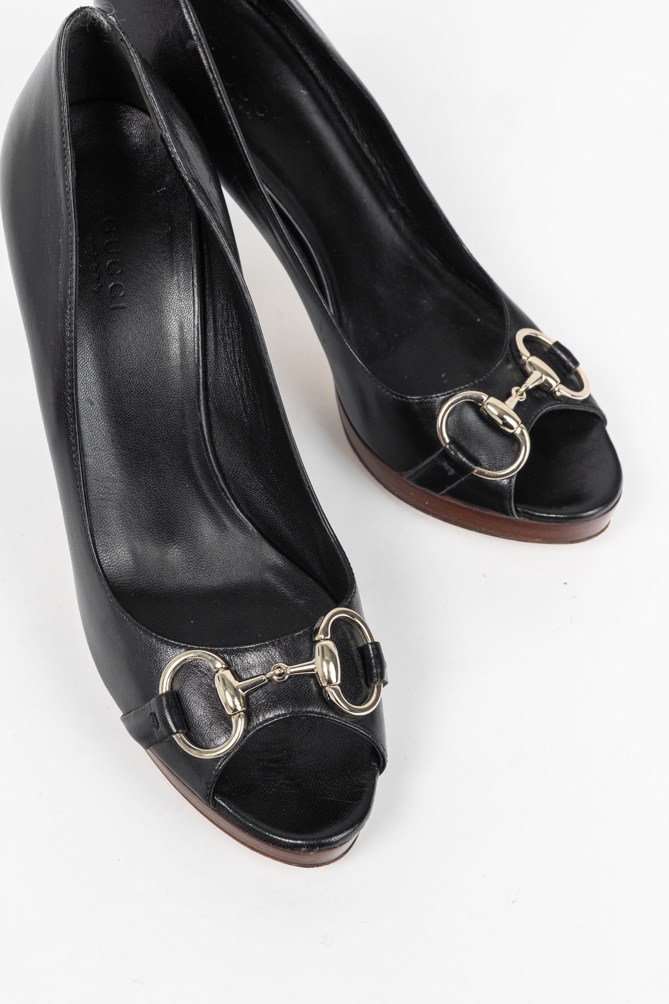 Gucci Black Leather Horsebit Peep-Toe Platform Pumps