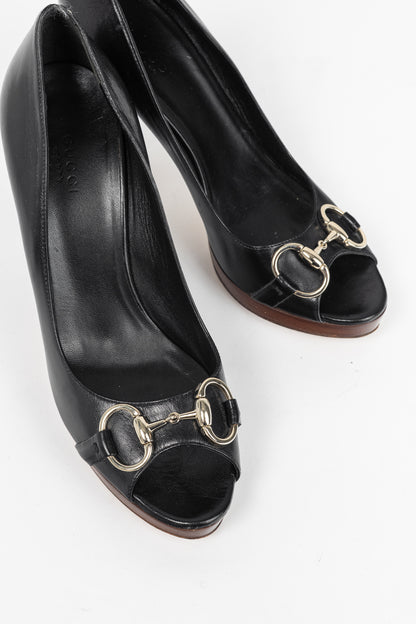 Gucci Black Leather Horsebit Peep-Toe Platform Pumps