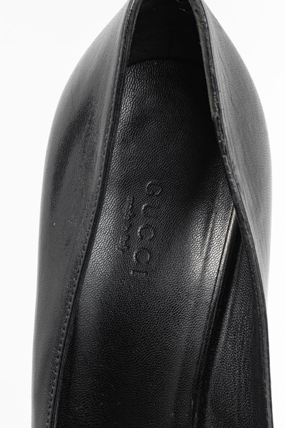 Gucci Black Leather Horsebit Peep-Toe Platform Pumps