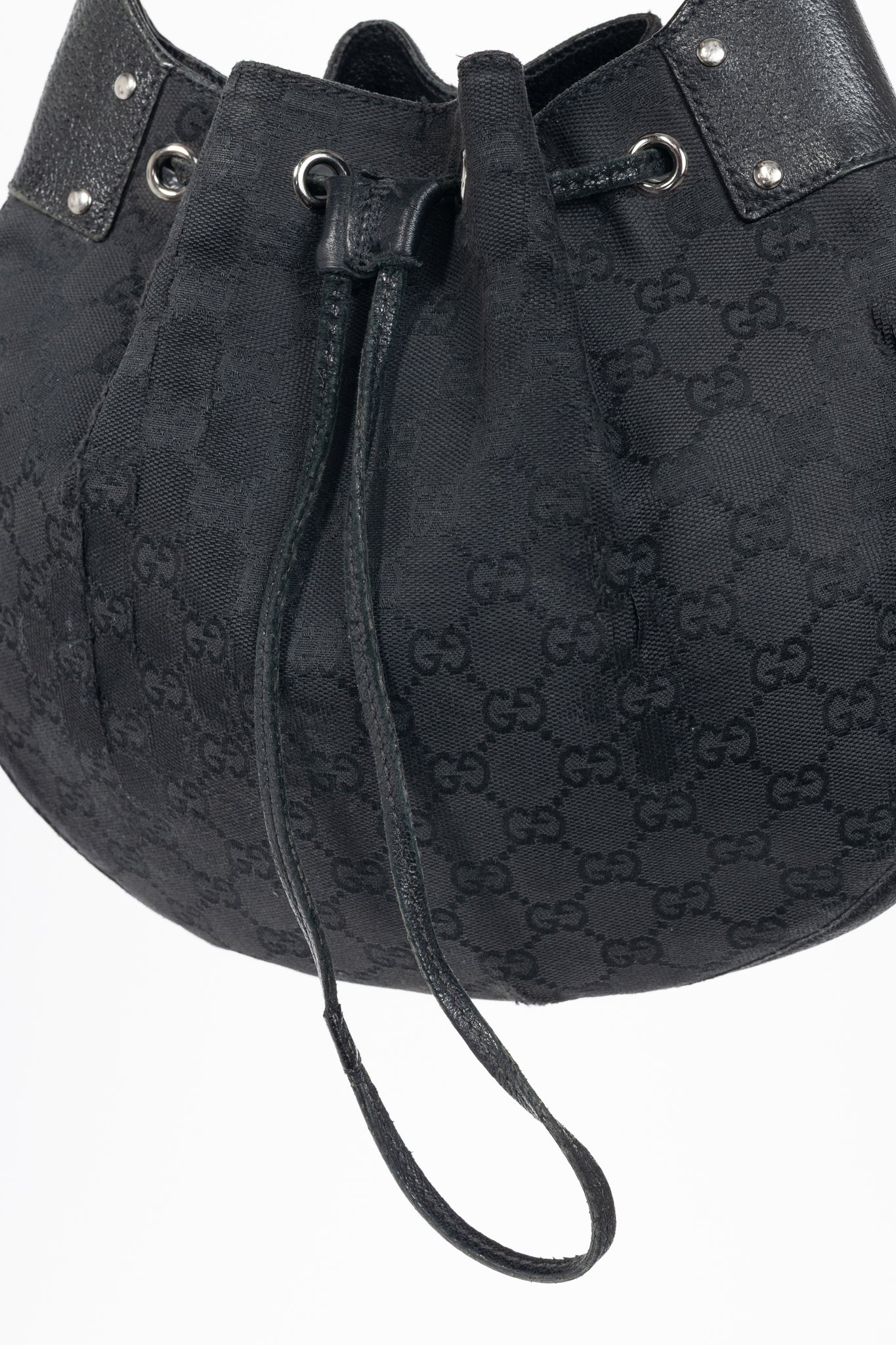 Gucci Black GG Monogram Canvas Drawstring Hobo
