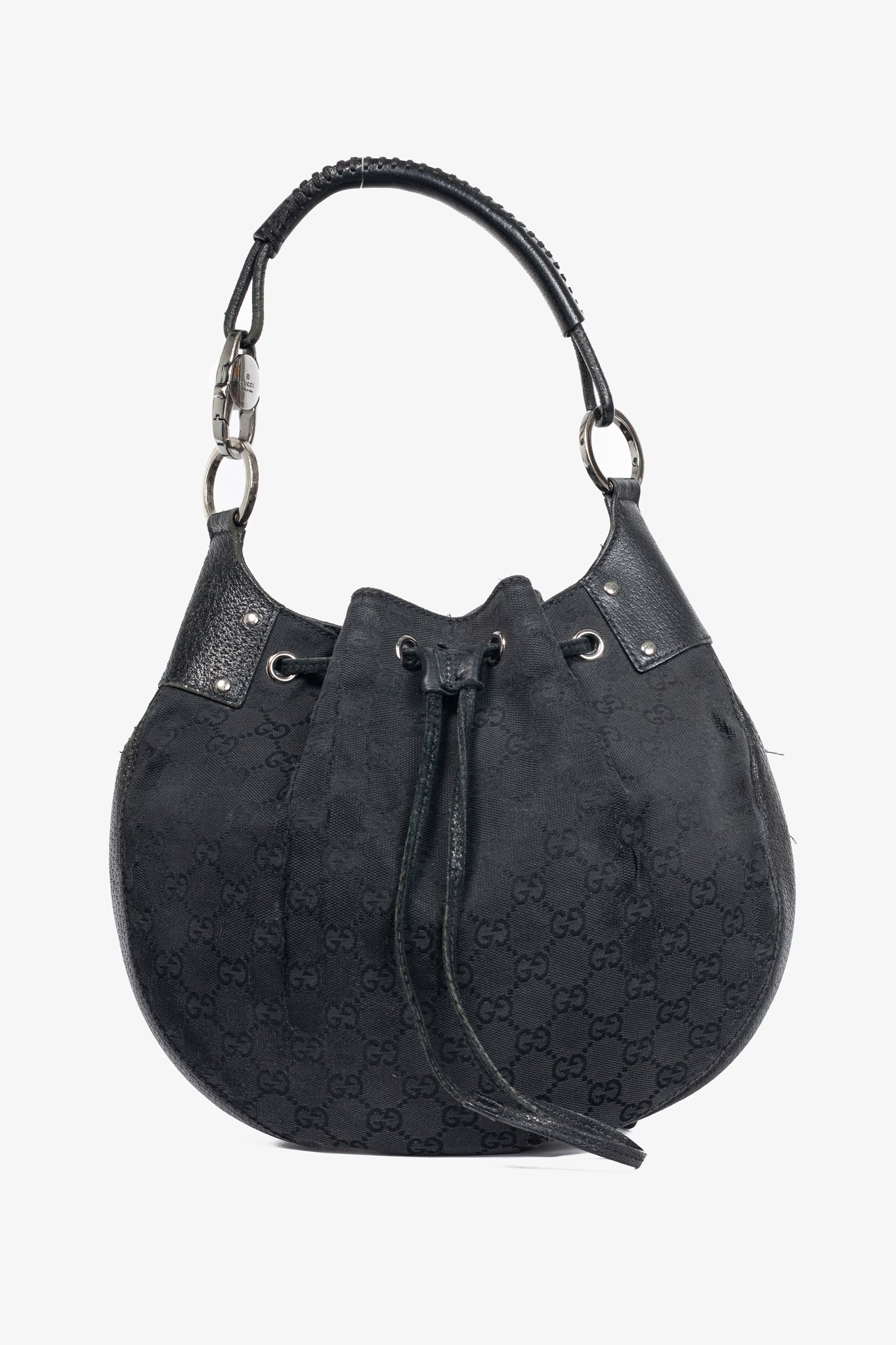 Gucci Black GG Monogram Canvas Drawstring Hobo