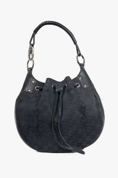 Gucci Black GG Monogram Canvas Drawstring Hobo