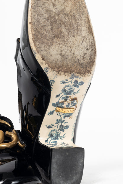 Gucci Victoire Black Patent-Leather GG Loafer Pumps