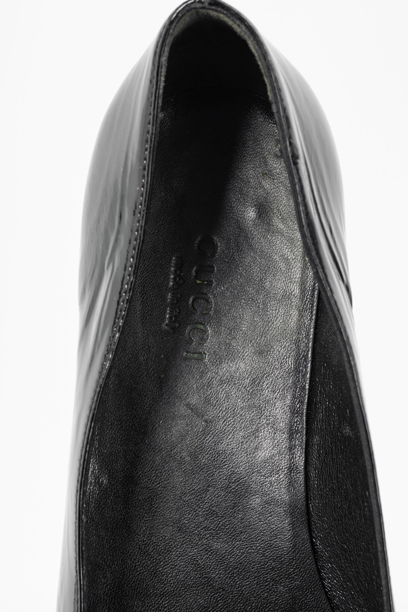 Gucci Black Patent-Leather Tortoise-Horsebit Peep-Toe Flats