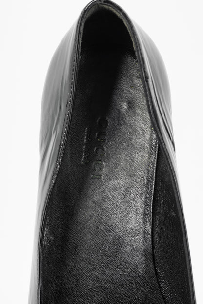Gucci Black Patent-Leather Tortoise-Horsebit Peep-Toe Flats