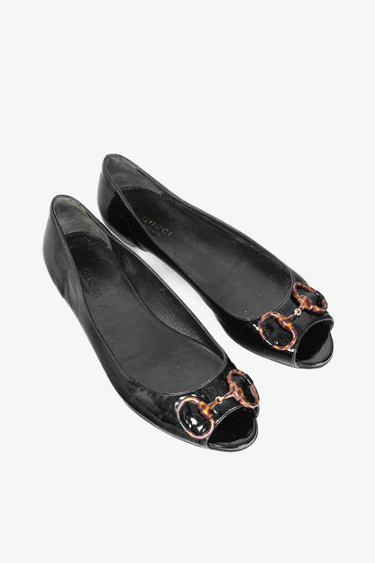 Gucci Black Patent-Leather Tortoise-Horsebit Peep-Toe Flats