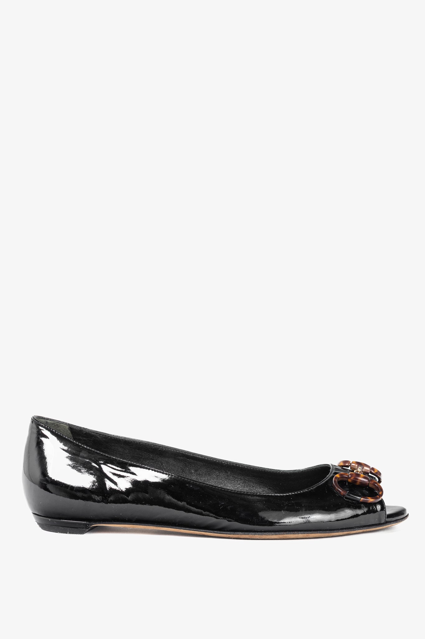 Gucci Black Patent-Leather Tortoise-Horsebit Peep-Toe Flats