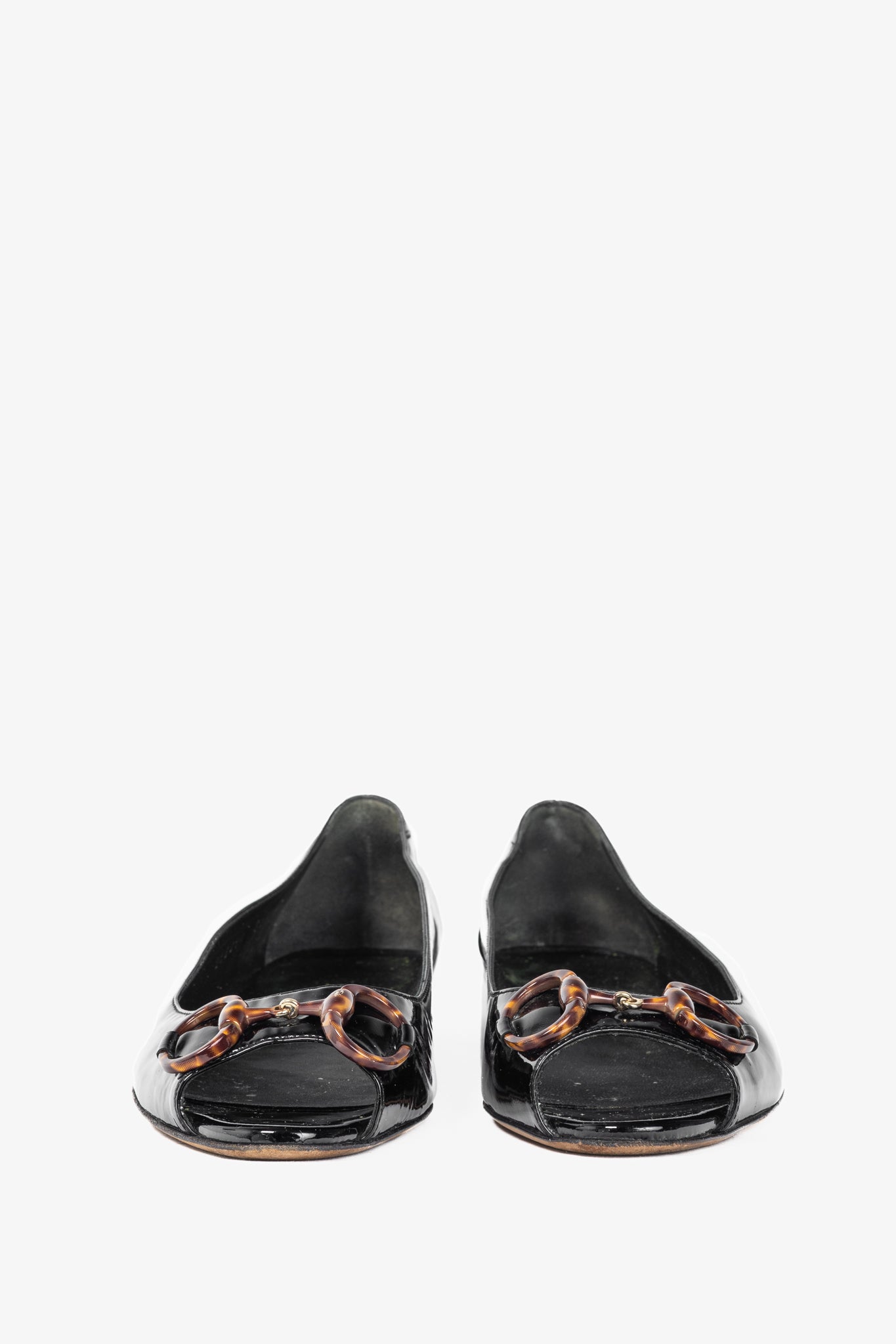 Gucci Black Patent-Leather Tortoise-Horsebit Peep-Toe Flats