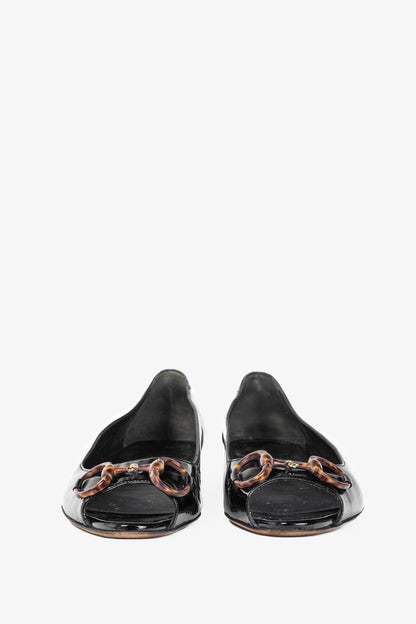Gucci Black Patent-Leather Tortoise-Horsebit Peep-Toe Flats