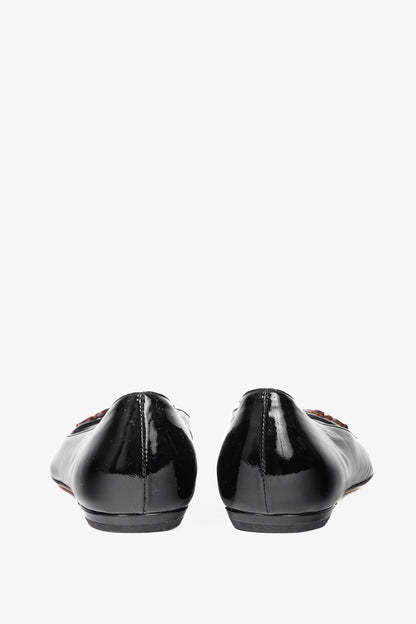 Gucci Black Patent-Leather Tortoise-Horsebit Peep-Toe Flats