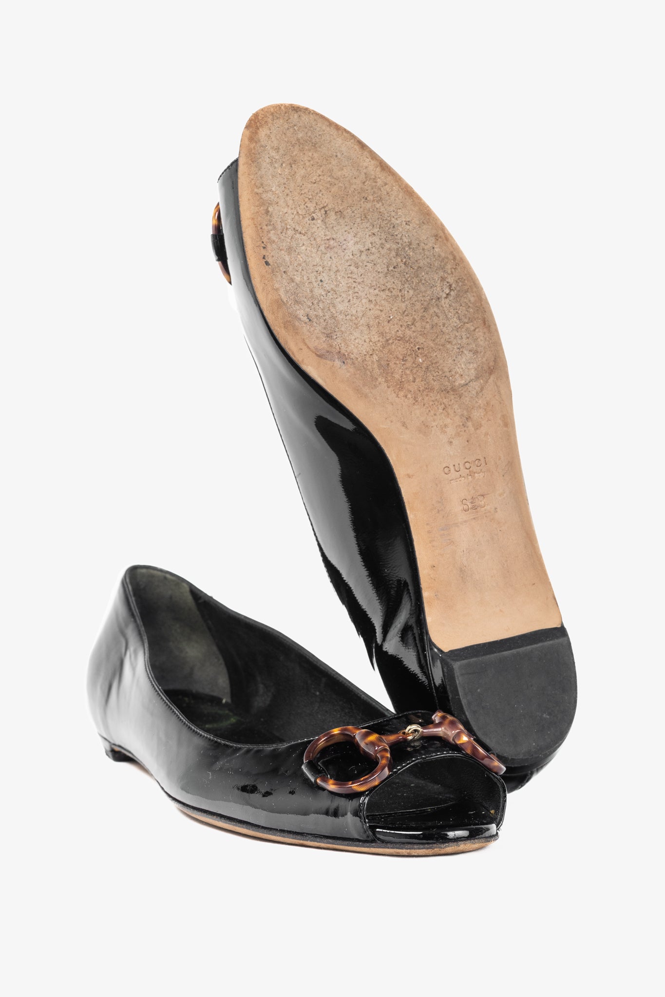 Gucci Black Patent-Leather Tortoise-Horsebit Peep-Toe Flats
