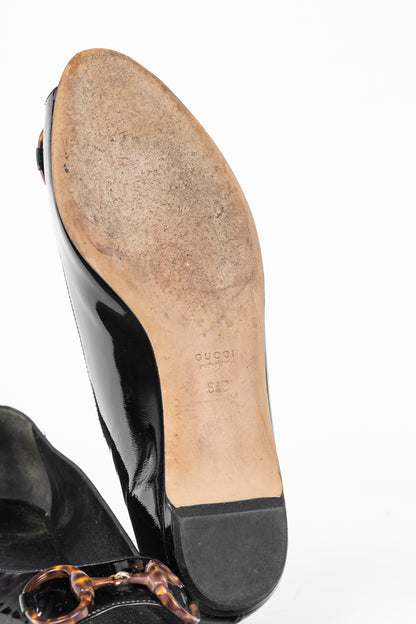 Gucci Black Patent-Leather Tortoise-Horsebit Peep-Toe Flats
