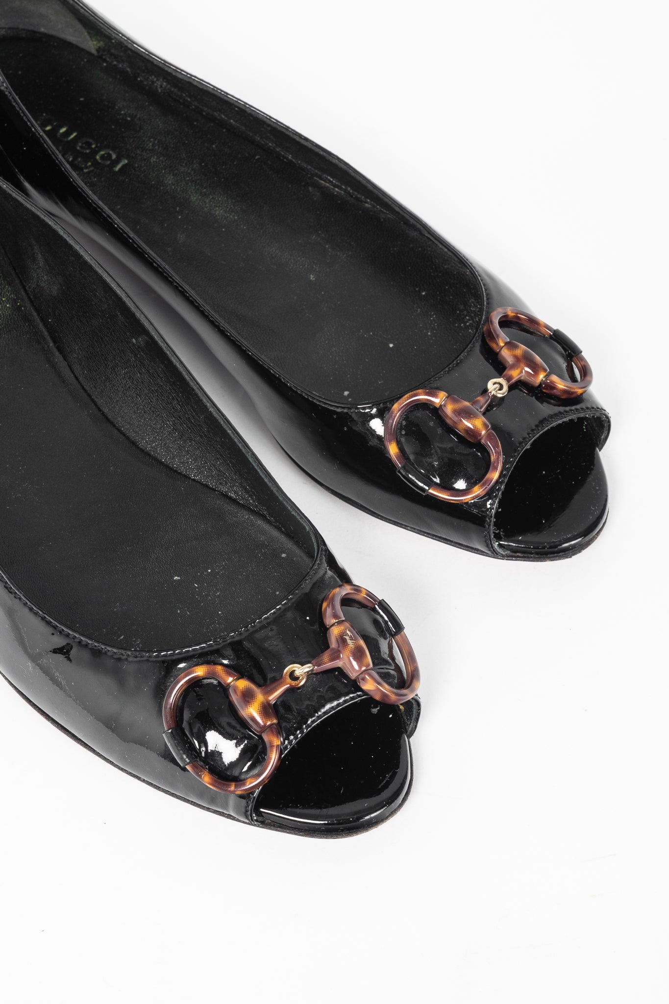 Gucci Black Patent-Leather Tortoise-Horsebit Peep-Toe Flats
