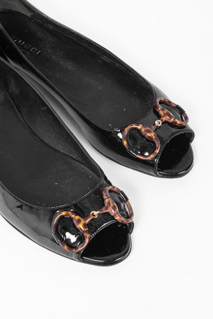 Gucci Black Patent-Leather Tortoise-Horsebit Peep-Toe Flats