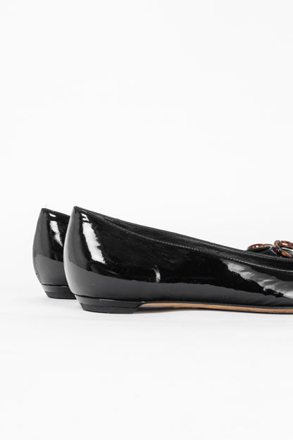 Gucci Black Patent-Leather Tortoise-Horsebit Peep-Toe Flats