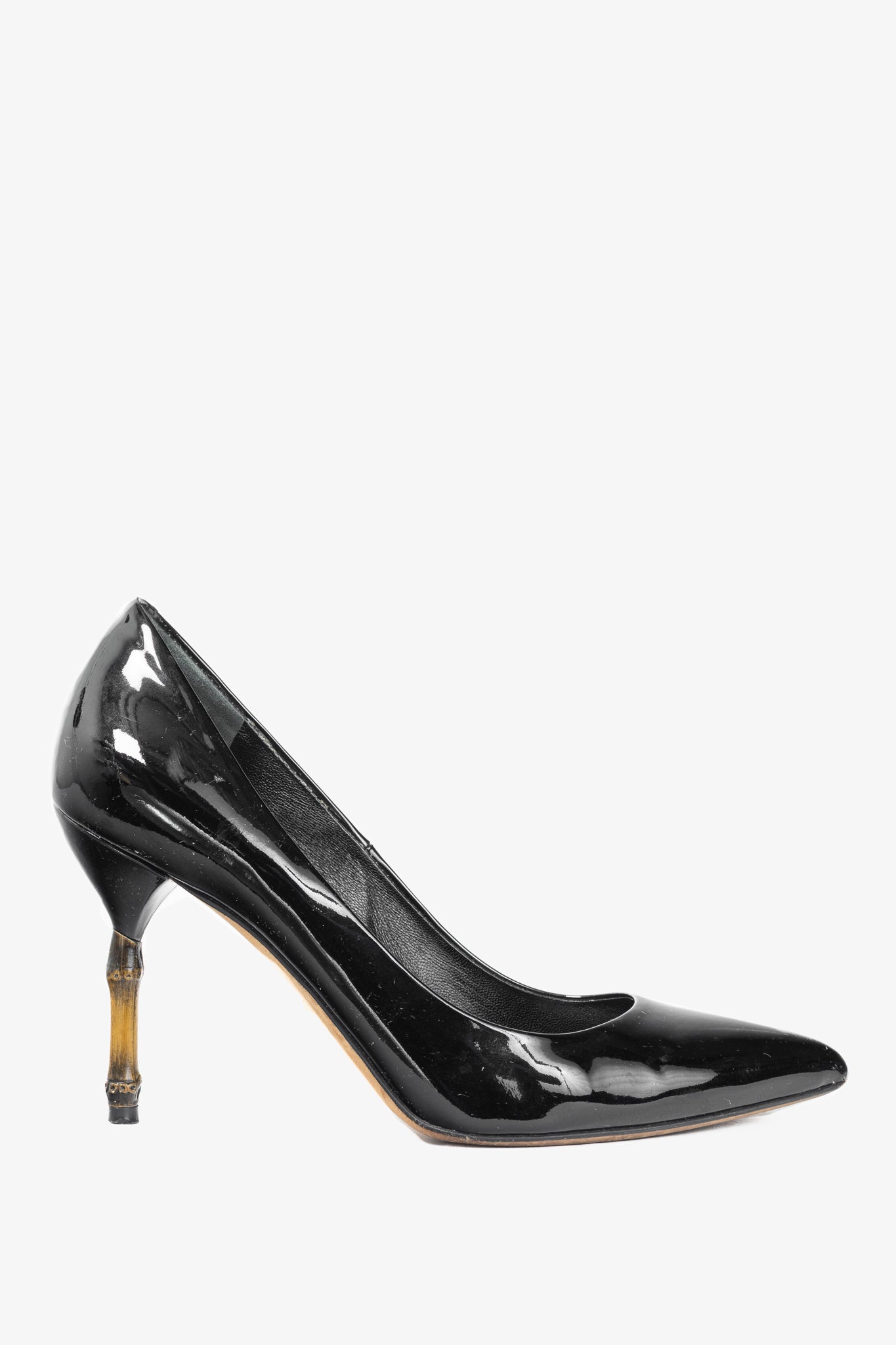 Gucci Kristen Black Patent-Leather Pointed Toe Bamboo Heels