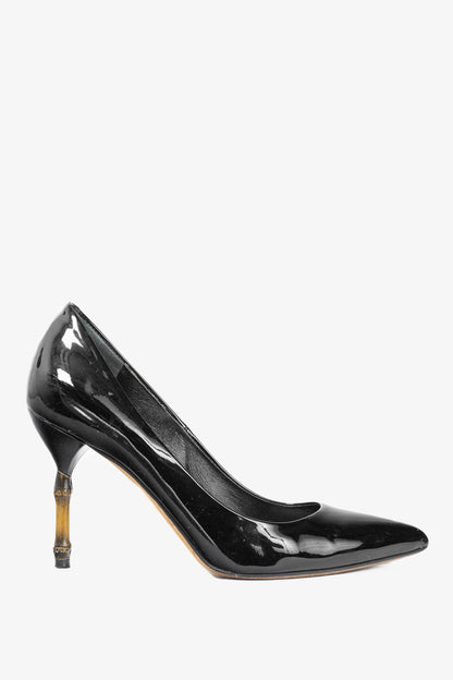 Gucci Kristen Black Patent-Leather Pointed Toe Bamboo Heels