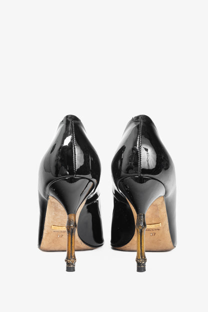 Gucci Kristen Black Patent-Leather Pointed Toe Bamboo Heels